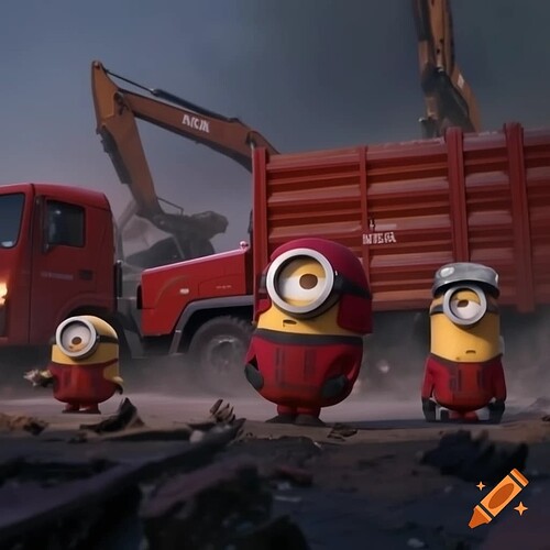 craiyon_000451_Minions_con_uniforme_de_la_unidad_militar_de_emergencia_con_camiones_y_excavadoras_rojos_de_la_ume_a