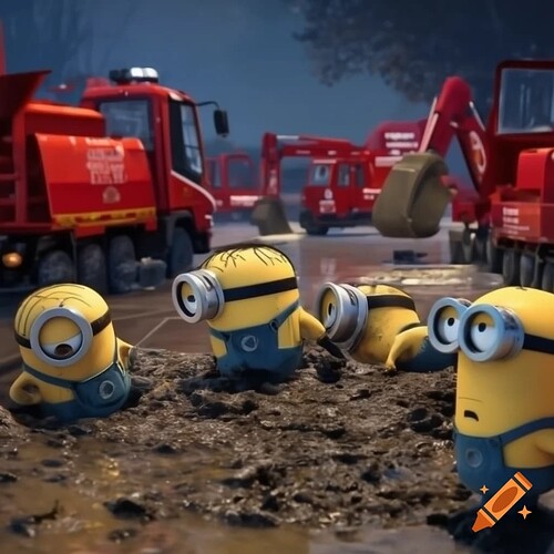 craiyon_000110_Minions_con_uniforme_de_la_unidad_militar_de_emergencia_quitando_barro_de_la_dana_de_valencia_con_ca